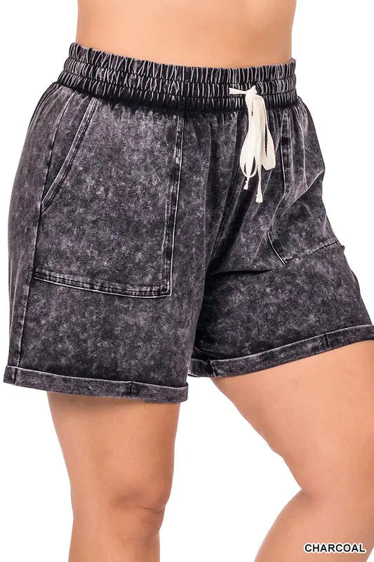 PLUS SIZE Mineral Wash Drawstring Cuffed Shorts